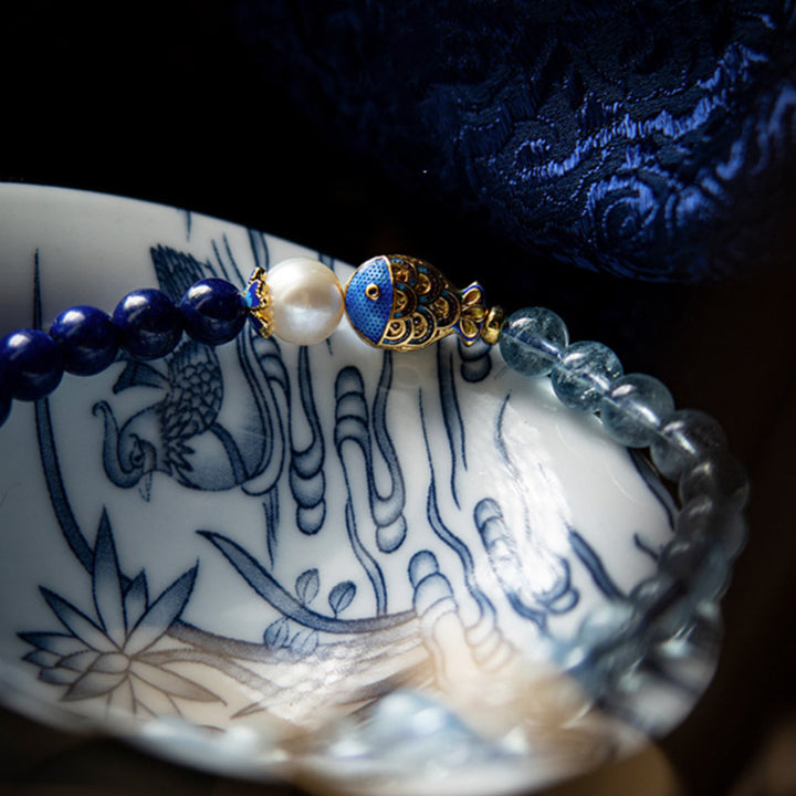 Bracelet de guérison en Buddha Stones, aigue-marine naturelle, lapis-lazuli et poisson - image 4