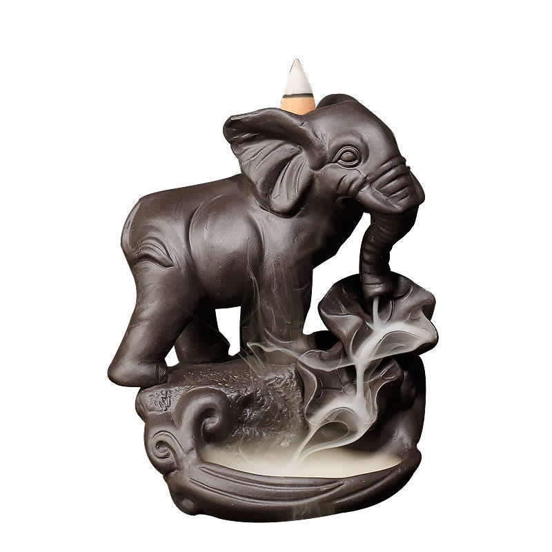 Fontaine à fumée à reflux en argile violette en forme d'éléphant tibétain, brûleur d'encens de guérison de la paix, décoration