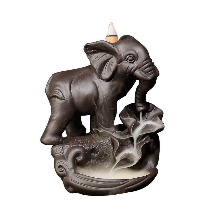 Fontaine à fumée à reflux en argile violette en forme d'éléphant tibétain, brûleur d'encens de guérison de la paix, décoration