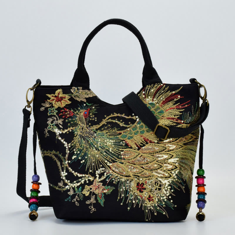 Sac cabas brodé double face avec motif de paon et Buddha Stones, sac bandoulière - Paon noir - Sac bandoulière/Sac fourre-tout - image 7