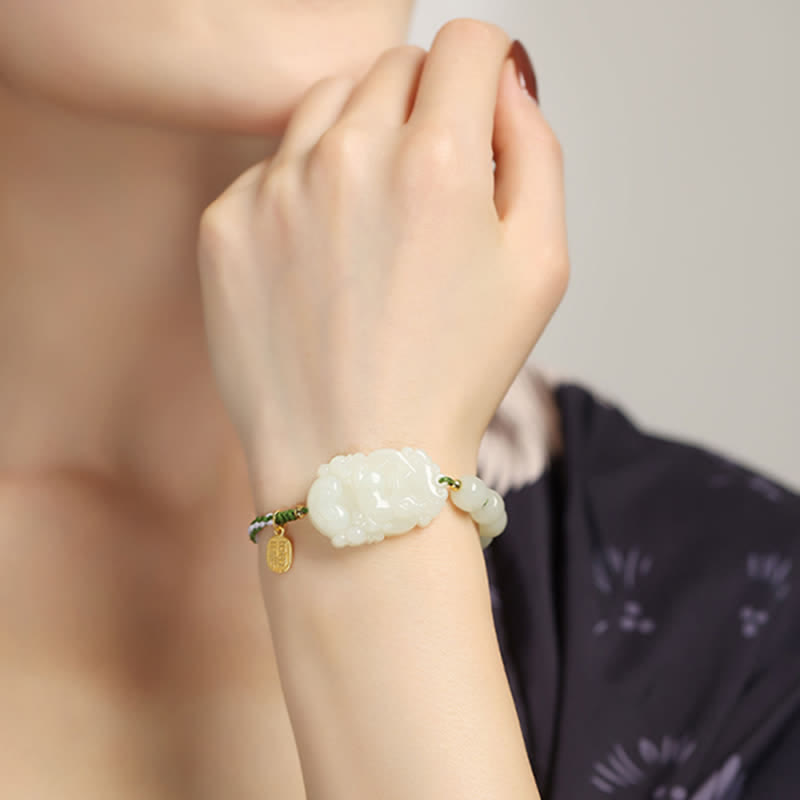 Bracelet porte-bonheur en argent sterling 925 avec jade Hetian et signe du zodiaque chinois