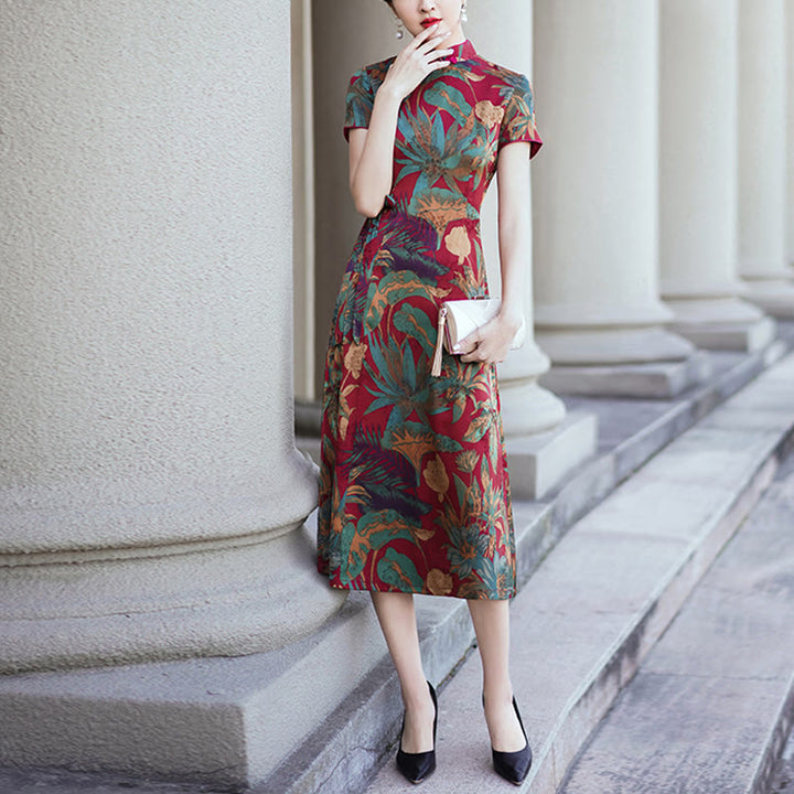 Robe Qipao en soie avec Buddha Stones, motif rétro de feuilles de fleurs, robe cheongsam pour femme