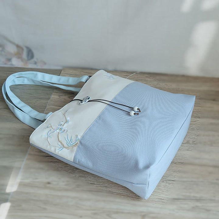 Sac à bandoulière en toile brodée de bambou avec fleur de poire, prunier, fleur de pêcher, grande capacité, sac fourre-tout