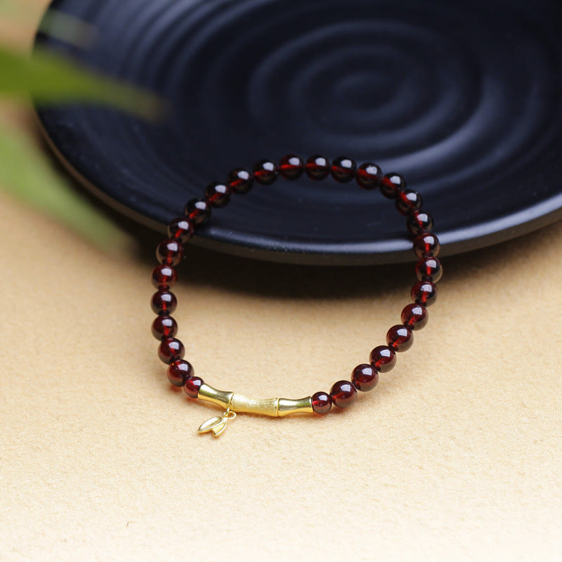 Bracelet de protection en bambou et grenat naturel en argent sterling 925 plaqué or et cuivre 14 carats avec Buddha Stones - Grenat et argent sterling 925 plaqué or bambou (tour de poignet 14-16 cm) - image 1