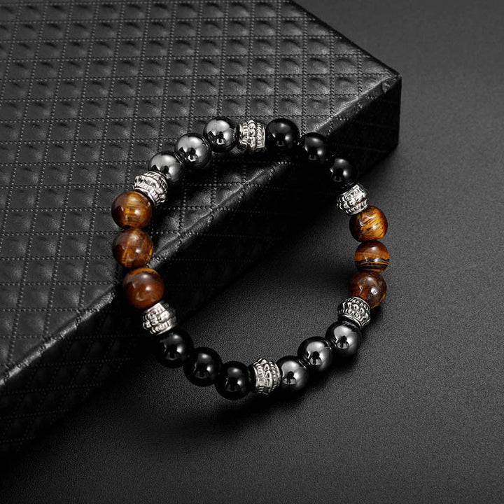 Bracelet porte-bonheur et de guérison en Buddha Stones œil de tigre et hématite