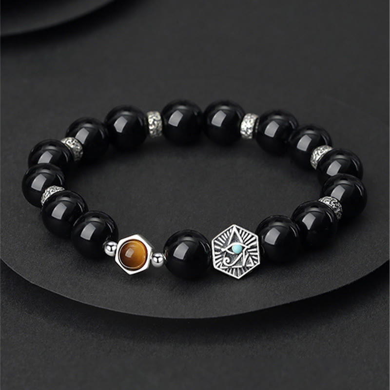 Bracelet de purification en argent sterling 925 avec Buddha Stones noire et œil de tigre de la Providence - Obsidienne noire et œil de tigre - image 0