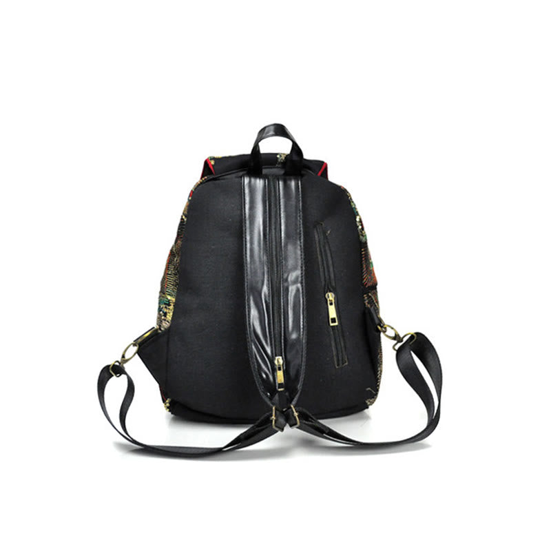 Sac à dos à pompons en toile avec broderies de paon et Buddha Stones