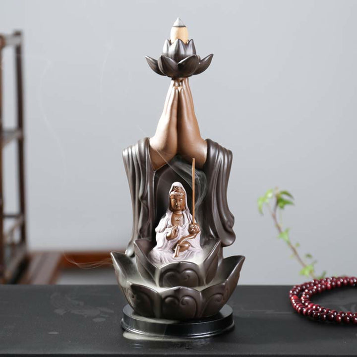 Brûleur d'encens à reflux en céramique Bouddha Avalokitesvara Chenrezig Ksitigarbha avec bénédiction du lotus