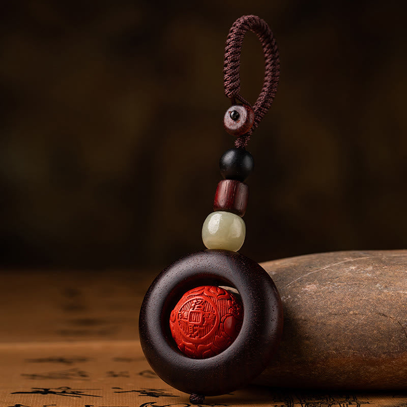 Buddha Stones Tibet Om Mani Padme Hum PiXiu Pièce de cuivre Petite feuille Bois de santal rouge Cinabre Protection Porte-clés