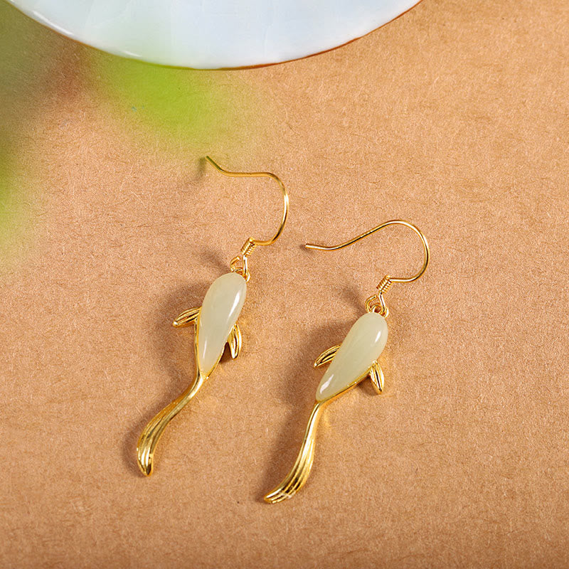 Boucles d'oreilles pendantes porte-bonheur en jade à motif de poisson