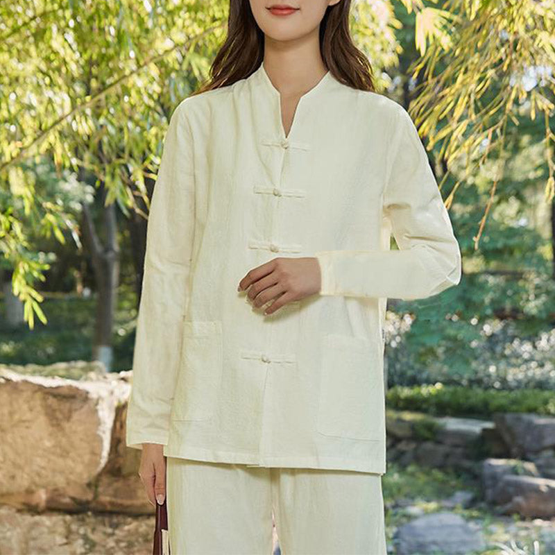 Buddha Stones Spirituelle Zen Pratique Yoga Méditation Prière Uniforme Coton Lin Vêtements Ensemble Femme - Beige - US18，UK/AU22，EU50 (6XL) - image 15