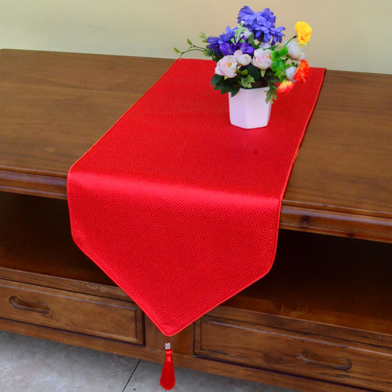 Chemin de table Jacquard à pompons avec motif de dragon Vajra et de fleurs d'autel de prière, symboles de bon augure tibétains