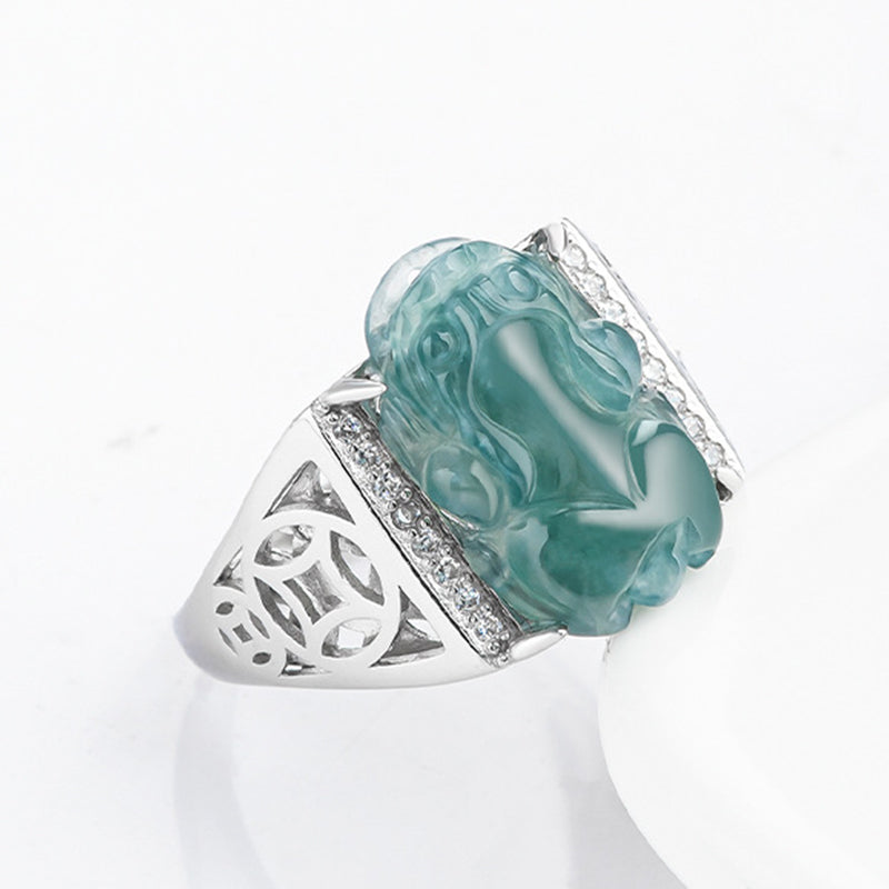 Bague porte-bonheur en jade PiXiu Fengshui en argent sterling 925 Buddha Stones