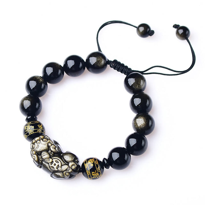 Bracelet tressé en Buddha Stones naturelle dorée et brillante PiXiu Om Mani Padme Hum Wealth