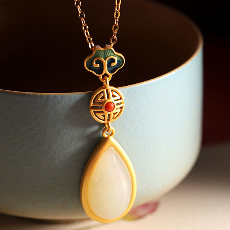 Collier avec pendentif en forme de goutte d'eau en argent sterling 925 et jade blanc Hetian