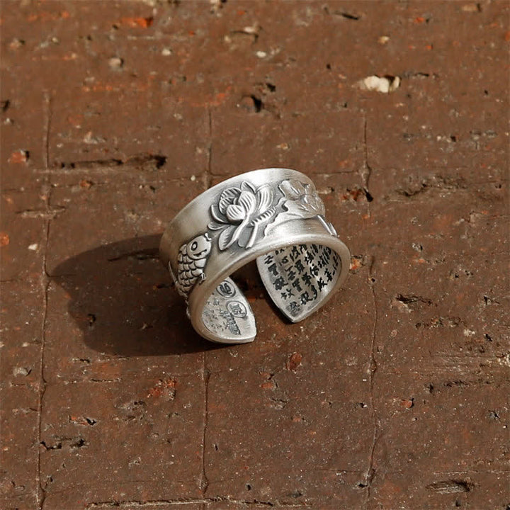 Bague porte-bonheur en argent sterling 999 Buddha Stones et poisson Koi, lotus, cœur, Sutra de la richesse