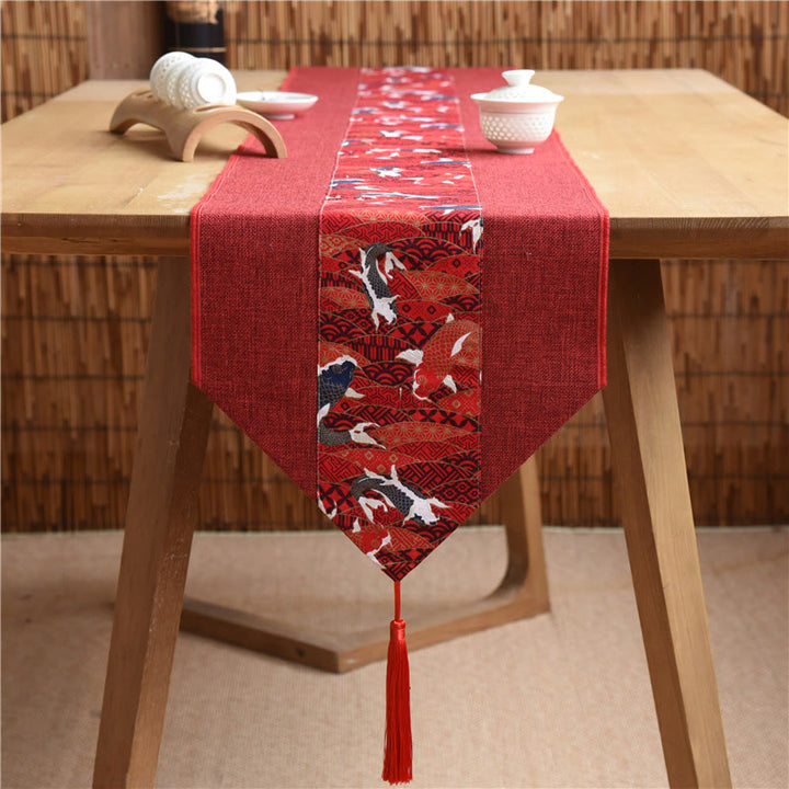 Chemin de table en coton et lin avec pompons, Buddha Stones, style chinois classique, lotus, poisson koï, fleur, grue, calligraphie, illumination