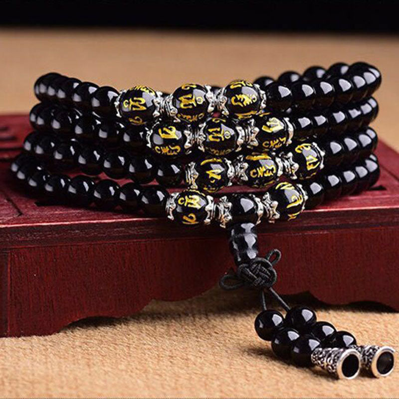 Bracelet Mala de protection en obsidienne noire avec six mots vrais de Buddha Stones