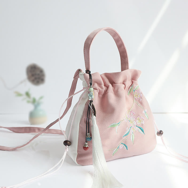 Sac à main en toile brodé à la main avec Buddha Stones et fleurs - Fleur de pêcher rose et blanche 20*20cm - image 38