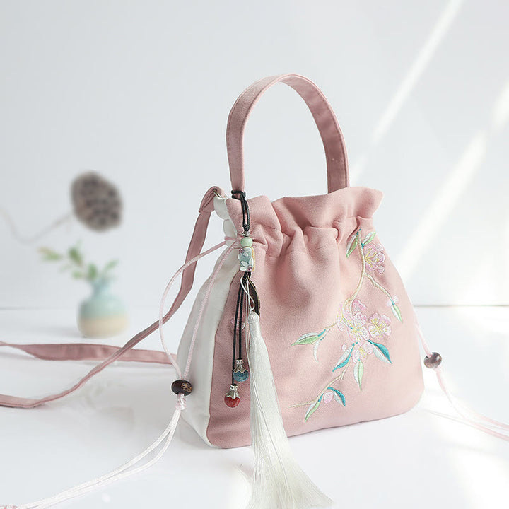Sac à main en toile brodé à la main avec Buddha Stones et fleurs - Fleur de pêcher rose et blanche 20*20cm - image 38