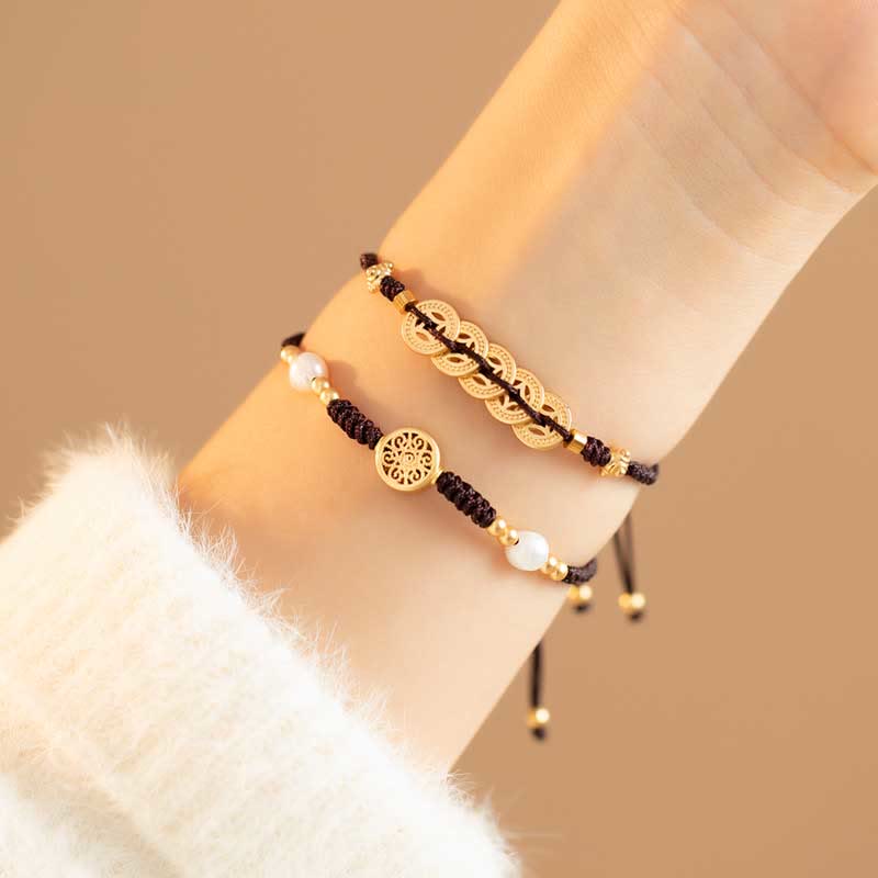 Bracelet tressé en cuivre avec Buddha Stones et pièce de monnaie, arbre de la fortune, chance et force