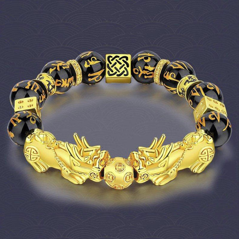 Bracelet de richesse Feng Shui Double PiXiu Obsidienne Om Mani Padme Hum Pierres de Buddha Stones
