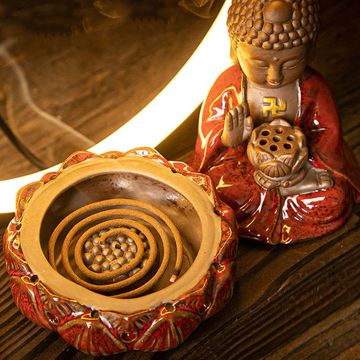 Buddha Stones Bouddha Lotus Fontaine à fumée à refoulement Brûleur d'encens de bénédiction en céramique avec décoration lumineuse