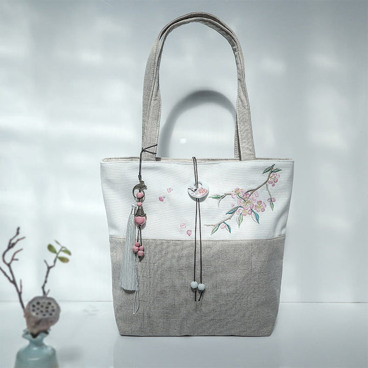 Sac à bandoulière en toile brodée de bambou avec fleur de poire, prunier, fleur de pêcher, grande capacité, sac fourre-tout