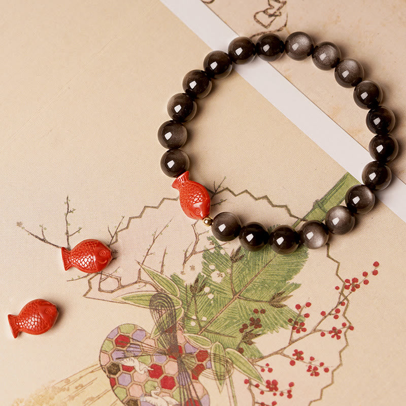 Bracelet de protection apaisante en obsidienne et cinabre avec Buddha Stones et reflets argentés naturels