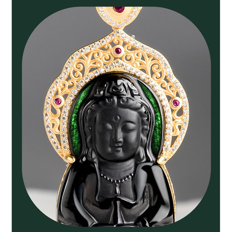 Collier pendentif en jade noir naturel Kwan Yin Avalokitesvara, symbole de richesse, avec chaîne en acier titane et Buddha Stones. - image 5