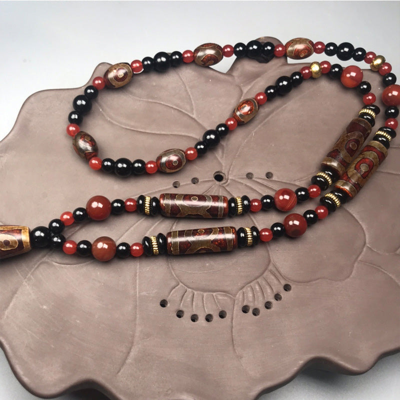 Collier Buddha Stones Dzi à neuf yeux en agate rouge pour la santé et la richesse