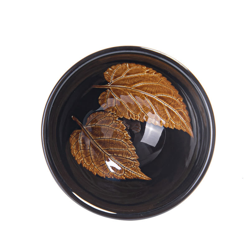 Tasse à thé en céramique chinoise Jianzhan avec feuilles d'érable dorées et Buddha Stones