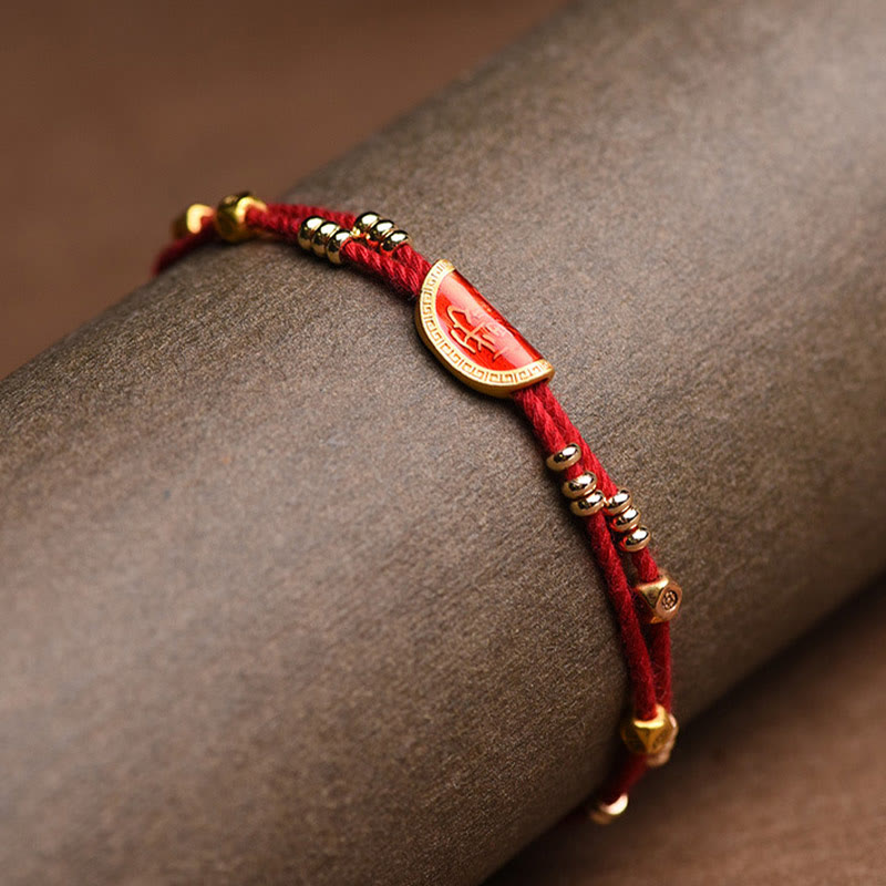 Bracelet en corde rouge tressée porte-bonheur en forme de boulettes de cinabre faites à la main par Buddha Stones