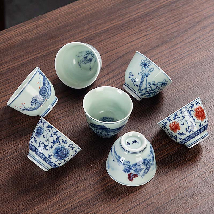 Buddha Stones Paysage bleu Montagnes Lotus Chat mignon Pavillons Magnolia Roseaux Aigrettes Tasse à thé en céramique Petite tasse à thé Kung Fu