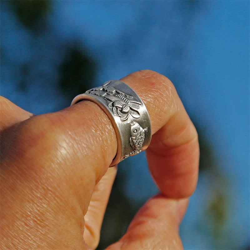 Bague porte-bonheur en argent sterling 999 Buddha Stones et poisson Koi, lotus, cœur, Sutra de la richesse