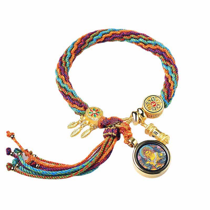 Bracelet tressé en Buddha Stones avec nœud de réincarnation et roue de prière, attrape-rêves