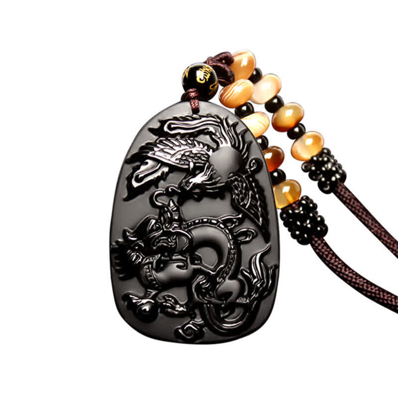 Collier avec pendentif en perles de protection en obsidienne noire œil de tigre dragon phénix - image 7