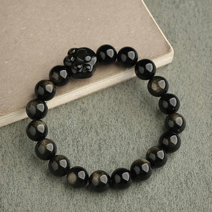 Bracelet de protection porte-bonheur en obsidienne dorée et argentée avec Buddha Stones et jolie patte de chat porte-bonheur - Obsidienne à reflets dorés - Griffe de chat - 10 mm - image 22