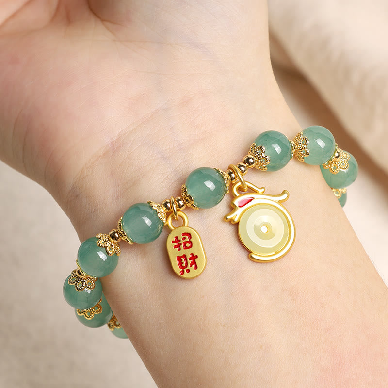 Bracelet porte-bonheur avec boucle de paix et personnage Fu en agate rouge et aventurine verte de l'année du Buddha Stones