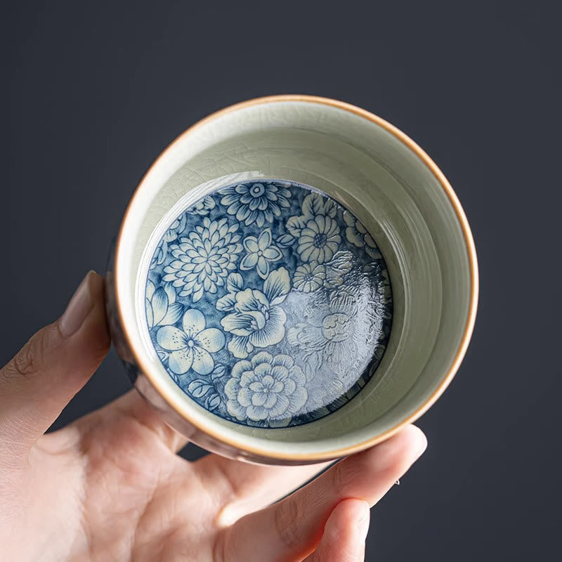 Tasse à thé en céramique motif Buddha Stones Lotus bleu Fleur de pêcher Chrysanthème Tasses à thé Kung Fu