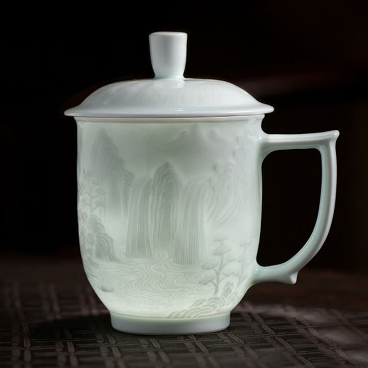 Tasse à thé en céramique gravée à la main en porcelaine blanche de Jingdezhen Buddha Stones et paysage de la Grande Muraille