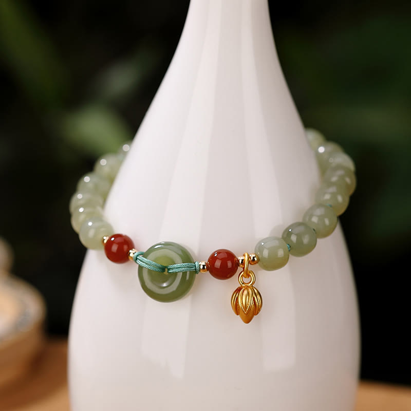 Bracelet porte-bonheur en agate rouge avec boucle de paix en jade naturel Hetian en argent sterling 925 et Buddha Stones
