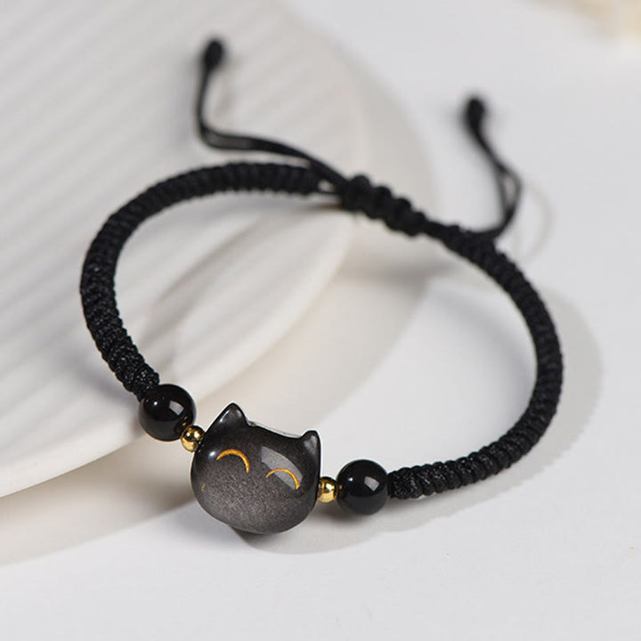 Bracelet tressé fait main en obsidienne naturelle argentée et brillante en quartz fraise avec protection pour chat mignon - image 3