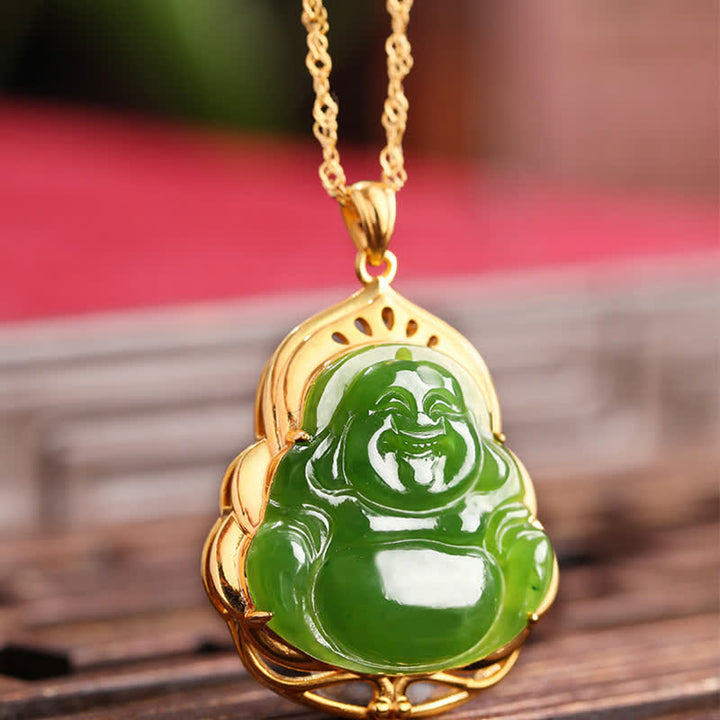 Collier pendentif en argent sterling 925 avec jade cyan naturel Hetian Bouddha rieur en or 18 carats - image 5