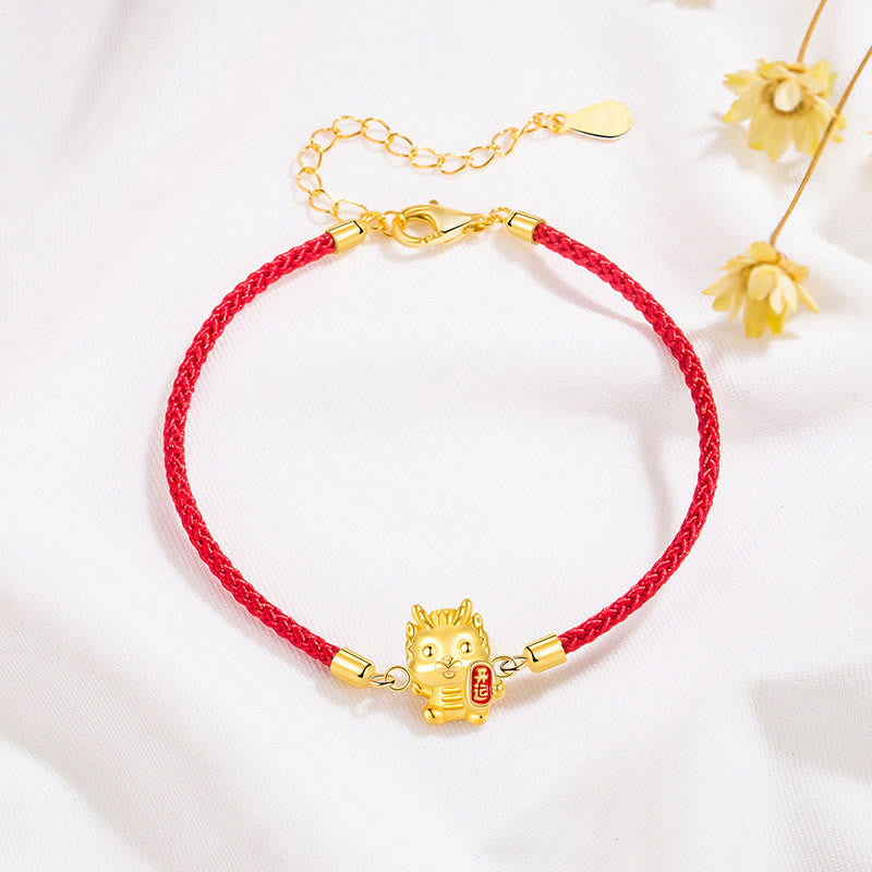 Bracelet chaîne corde rouge en argent sterling 925 Buddha Stones Année du Dragon Chanceux Force du Dragon Doré
