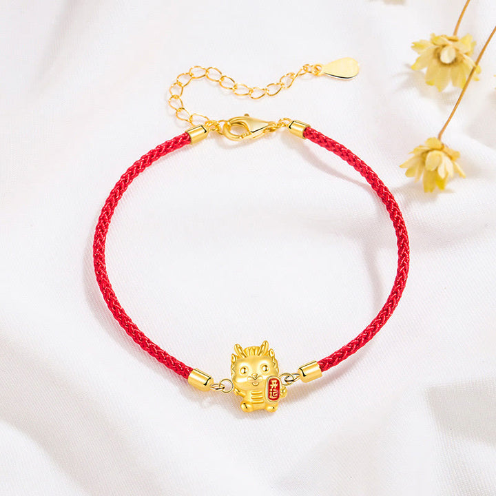 Bracelet chaîne corde rouge en argent sterling 925 Buddha Stones Année du Dragon Chanceux Force du Dragon Doré