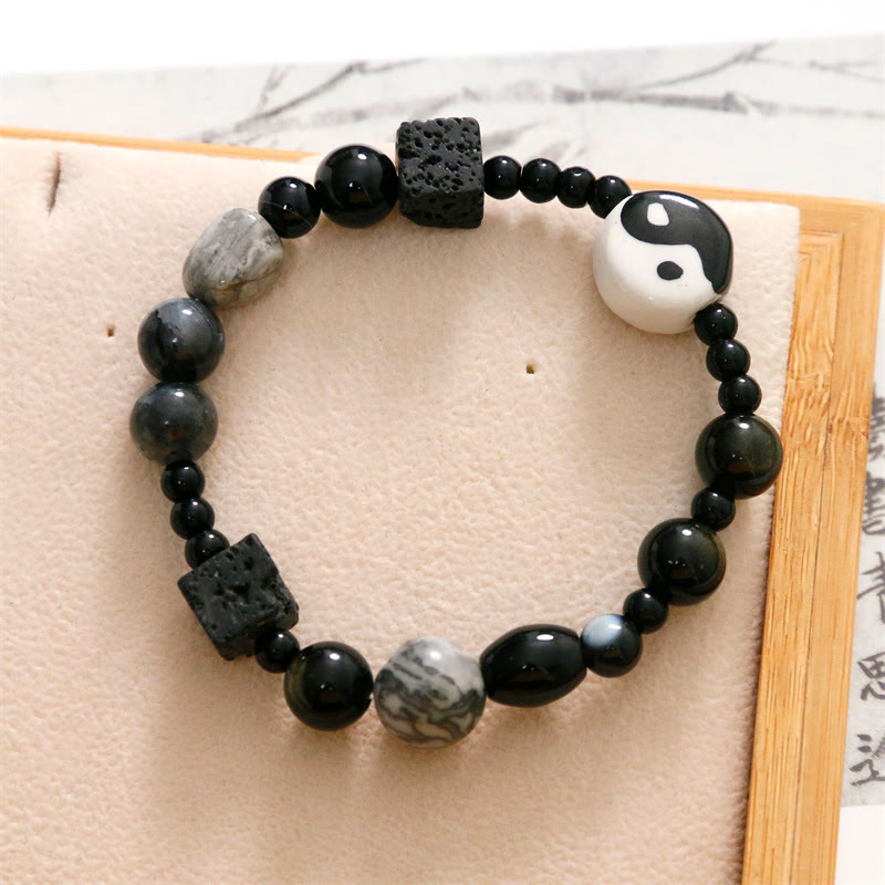 Bracelet de protection de la fortune Yin Yang en perles de jaspe Picasso et onyx noir Buddha Stones