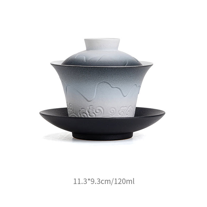 Tasse à thé et soucoupe en céramique avec couvercle en Buddha Stones, style rétro, bleu océan, vagues de la mer, dégradé, Gaiwan, Sancai
