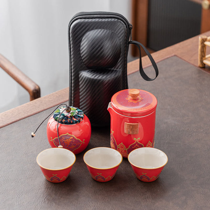 Théière chinoise Gongfu en céramique avec Buddha Stones - Rouge - 1 théière + 3 tasses + 1 petit sachet + 1 boîte à thé - image 24