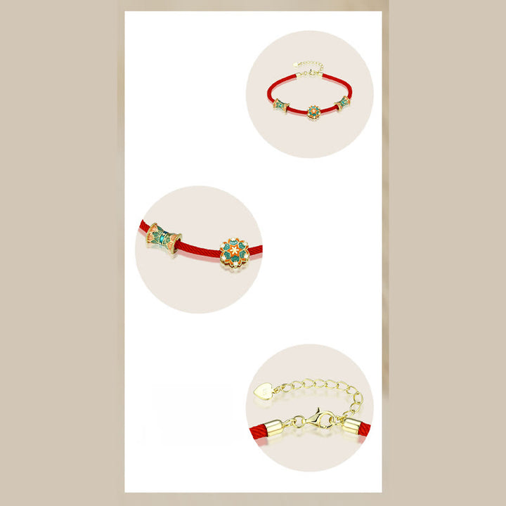 Bracelet en corde rouge en argent sterling 925 avec motif tambour de lotus de Buddha Stones Dunhuang